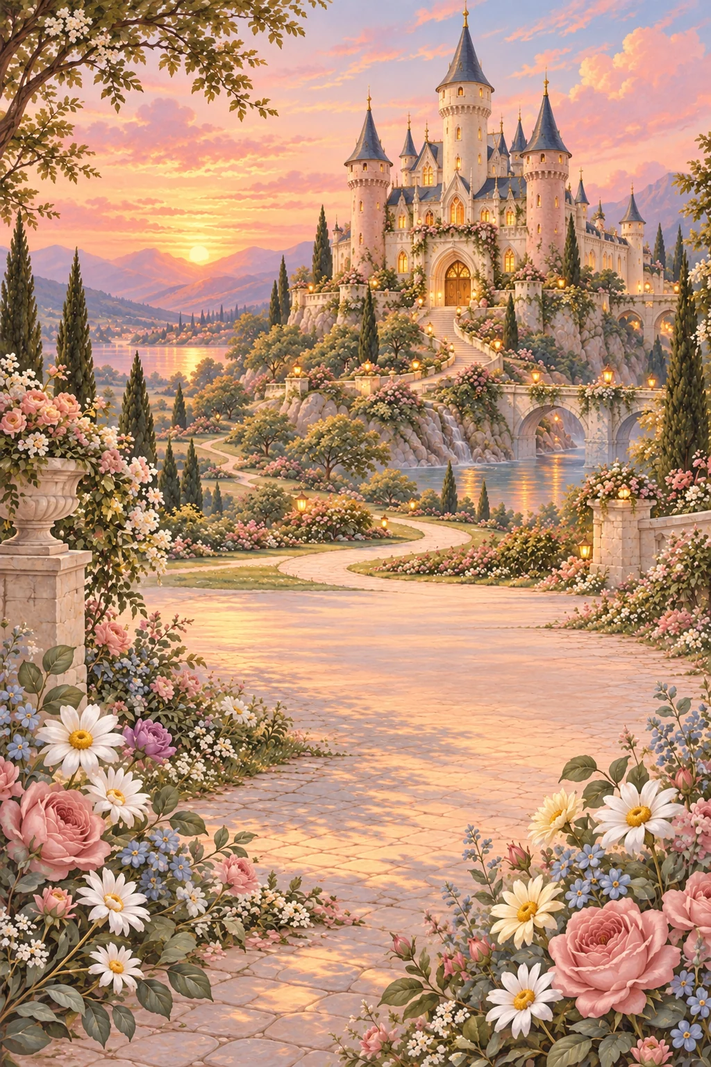 El mismo castillo, iluminado por un cálido atardecer rosa