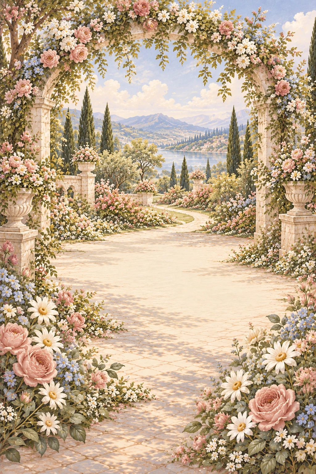 Arco de flores que abre el camino a un jardín encantado